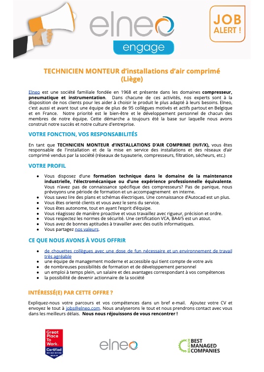 ELNEO - Offre emploi Technicien monteur installations d'air comprimé - Liège